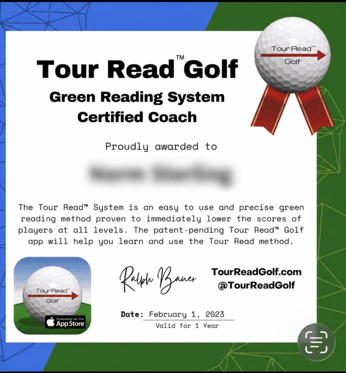 Tour Read green-reading coach training certificate dated February 1, 2023. Name withheld for privacy. Original certificate states valid for one year.